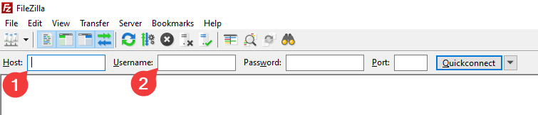 FileZilla UI, with Host and Username sections highlighted